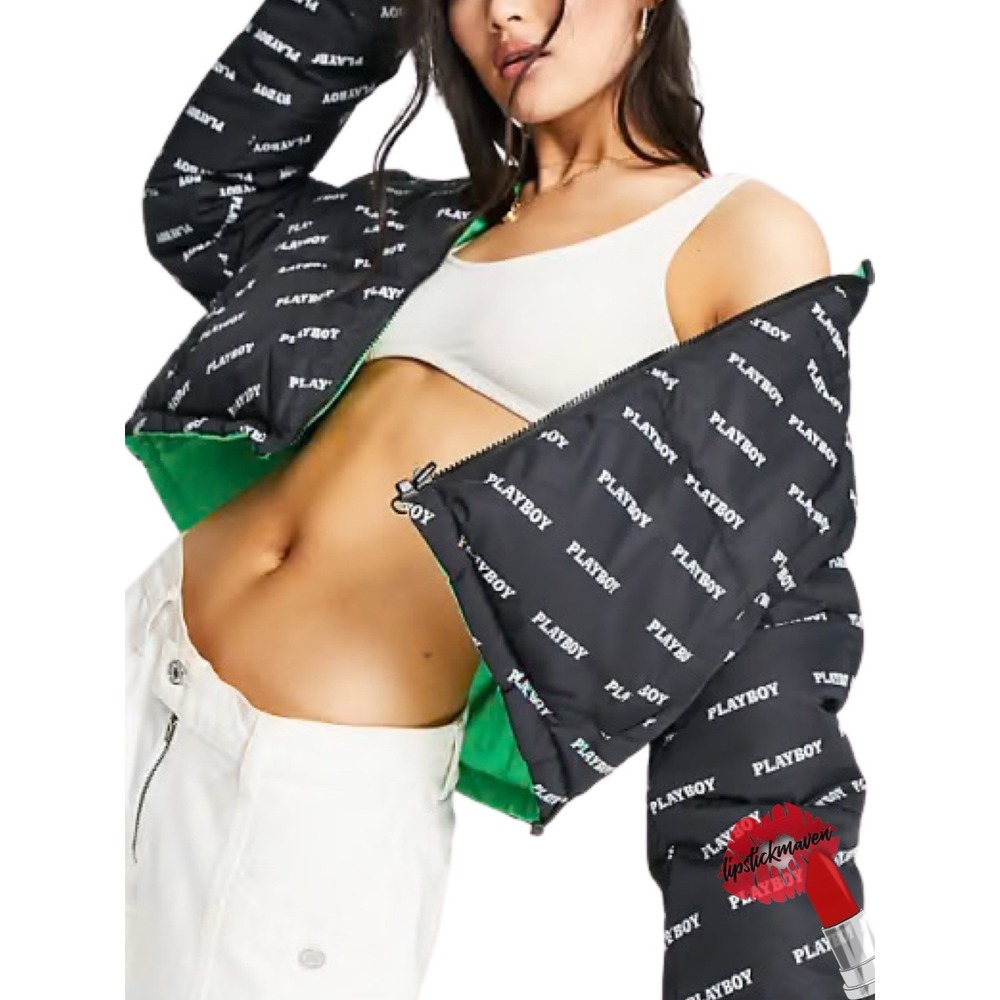 Playboy Bunny x Misguided Puffer Coat Women Size 10 Cropped Jacket Reversible